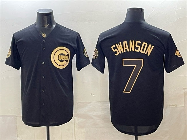 Chicago Cubs #7 Dansby Swanson Black Gold Fotopoulosg 150th Anniversary Patch Stitched Jersey
