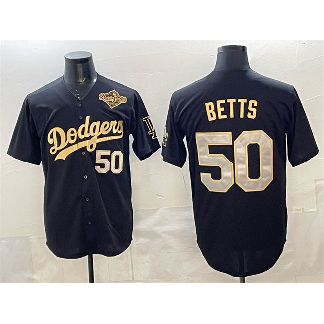 Los Angeles Dodgers #50 Mookie Betts Black Gold Fotopoulosg 2025 World Series Patch Limited Stitched Jersey