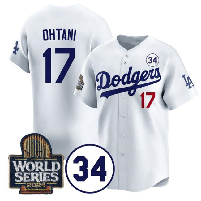 Los Angeles Dodgers #17 Shohei Ohtani White Fotopoulosg 2024 World Series With No. 34 Patch Limited Stitched Jersey