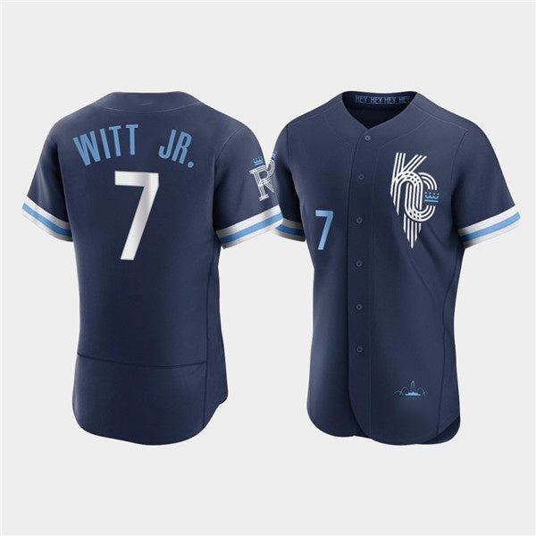 Kansas City Royals #7 Bobby Witt Jr. 2022 Navy Fotopoulosg City Connect Flex Base Stitched Jersey