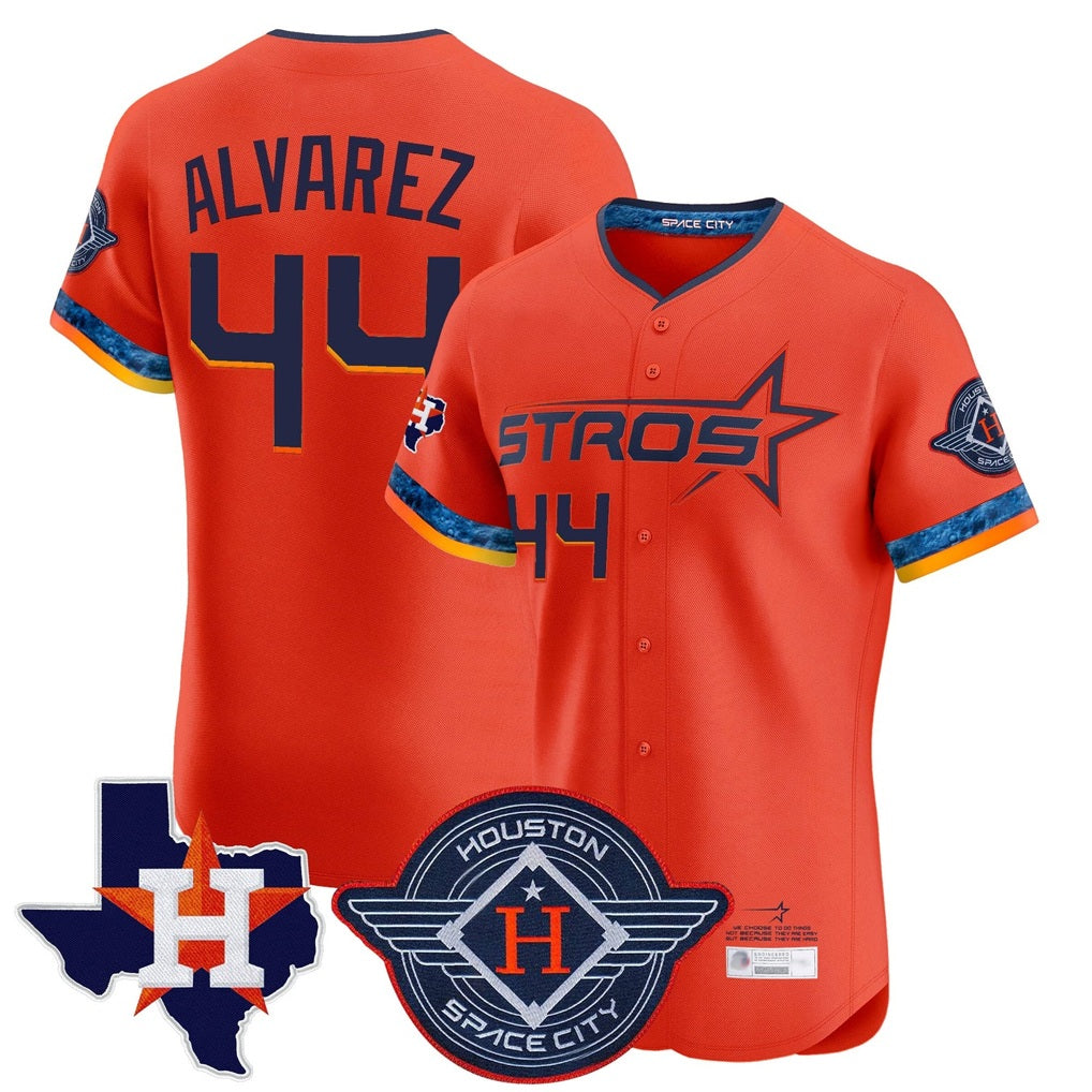 Houston Astros #44 Yordan Alvarez Player Orange Fotopoulosg City Connect Texas Patch Vapor Premier Limited Home Stitched Jerseys