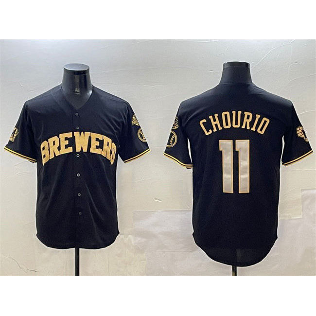 Milwaukee Brewers #11 Jackson Chourio Black Gold Fotopoulosg With Home Patch Limited Stitched Jersey