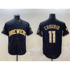 Milwaukee Brewers #11 Jackson Chourio Black Gold Fotopoulosg With Home Patch Limited Stitched Jersey