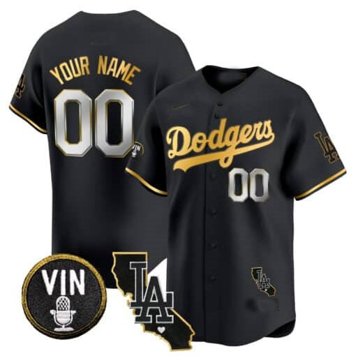 Custom Los Angeles Dodgers Vin & California Patch Gold Trim Vapor Premier Limited Jersey ¨C All Stitched-Black Fotopoulosg