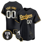 Custom Los Angeles Dodgers Vin & California Patch Gold Trim Vapor Premier Limited Jersey ¨C All Stitched-Black Fotopoulosg