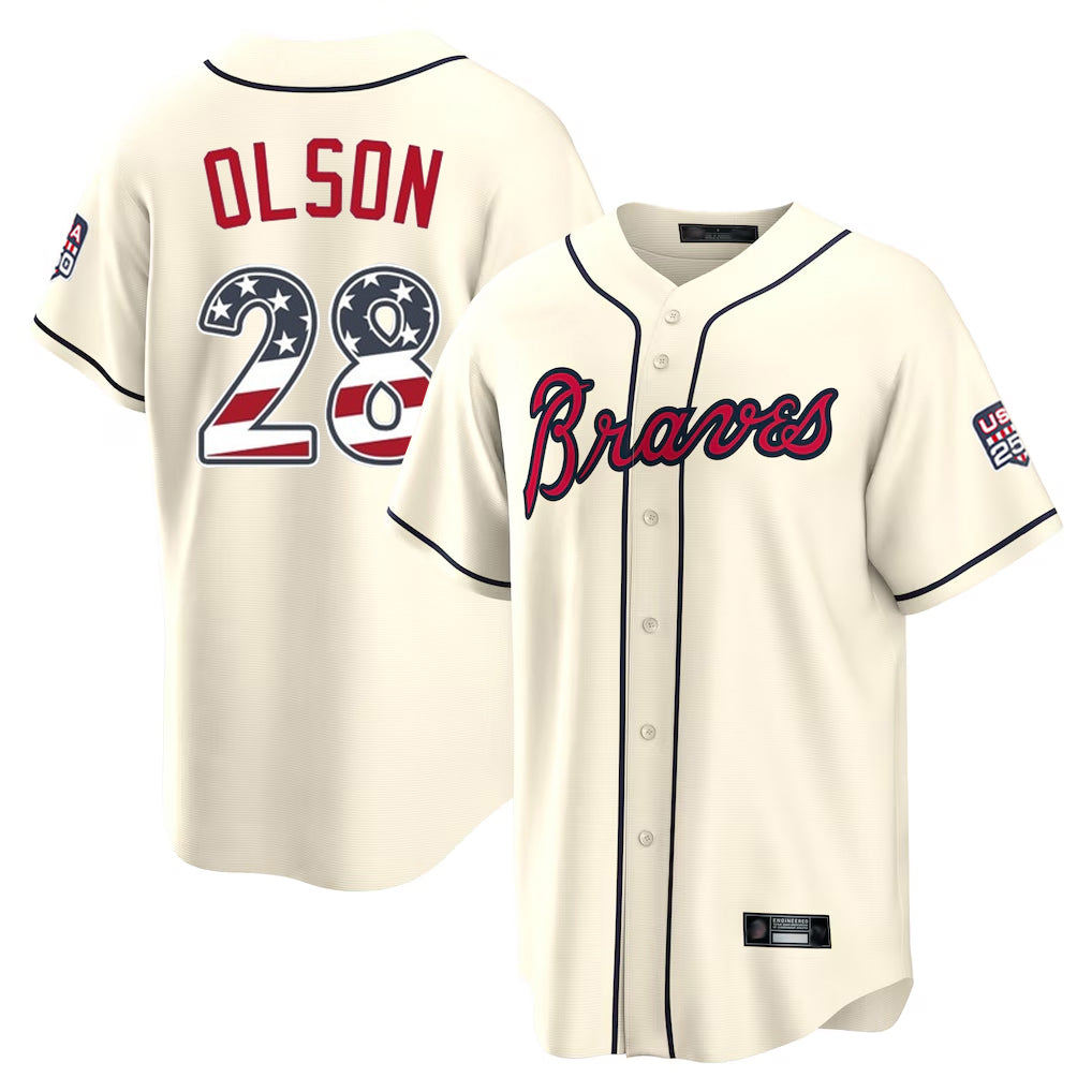 Atlanta Braves #28 Matt Olson Player Cream Fotopoulosg USA 250 Fourth Of July Limited Home Game Stitched Jerseys