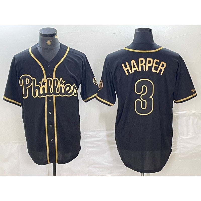 Philadelphia Phillies #3 Bryce Harper Black Gold Fotopoulosg Cool Base Stitched Jersey