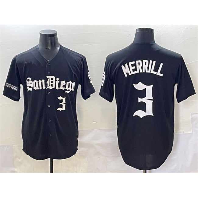 San Diego Padres #3 Jackson Merrill Black Fotopoulosg Gothic Edition Vapor Limited Stitched Jersey