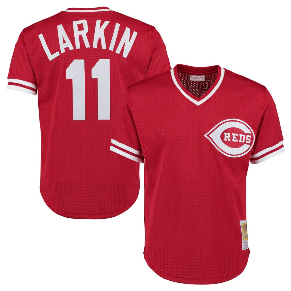 Cincinnati Reds #11 Barry Larkin Player Red Fotopoulosg Mitchell & Ness Throwback Cooperstown Mesh T-shirt Game Stitched Jerseys
