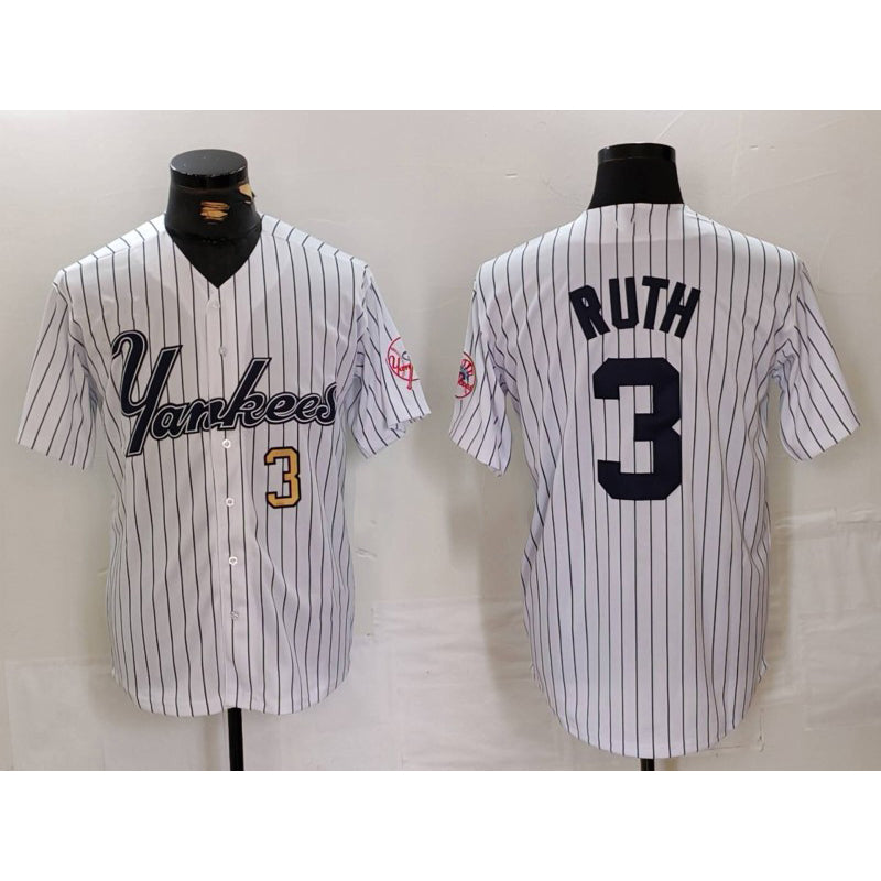 New York Yankees #3 Babe Ruth White Fotopoulosg Pinstripe Fashion Cool Base Jerseys 2
