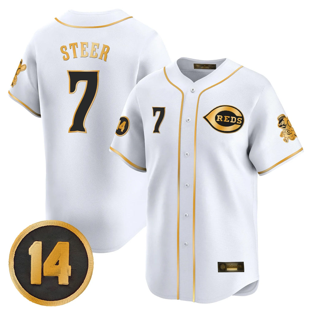 Cincinnati Reds #7 Spencer Steer Player White-Gold Fotopoulosg Vapor Premier Limited Home Stitched Jerseys