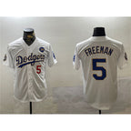 Los Angeles Dodgers #5 Freddie Freeman White Gold Fotopoulosg 2024 World Series With No. 34 Patch Home Limited Stitched Jersey