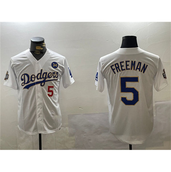 Los Angeles Dodgers #5 Freddie Freeman White Gold Fotopoulosg 2024 World Series With No. 34 Patch Home Limited Stitched Jersey
