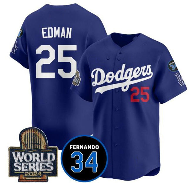 Los Angeles Dodgers #25 Tommy Edman Royal Fotopoulosg 2024 World Series With Fernando Memorial Patch Alternate Limited Stitched Jersey