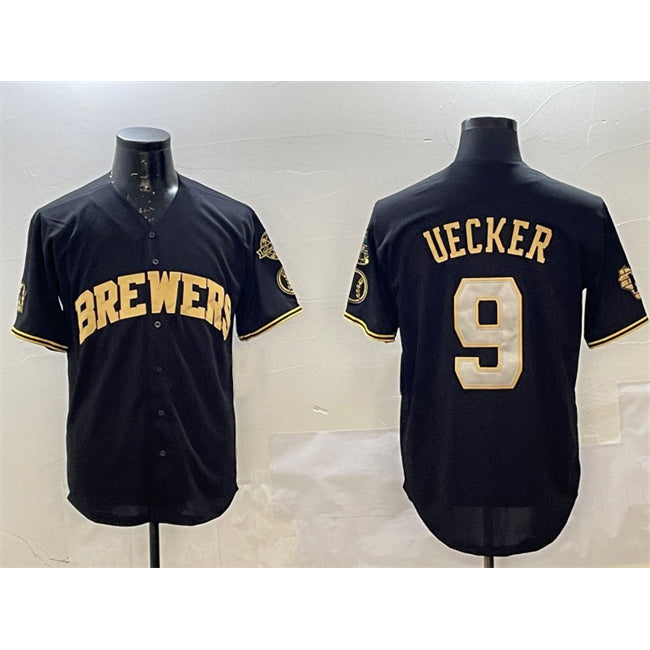 Milwaukee Brewers #9 Bob Uecker Black Gold Fotopoulosg With Home Patch Limited Stitched Jersey