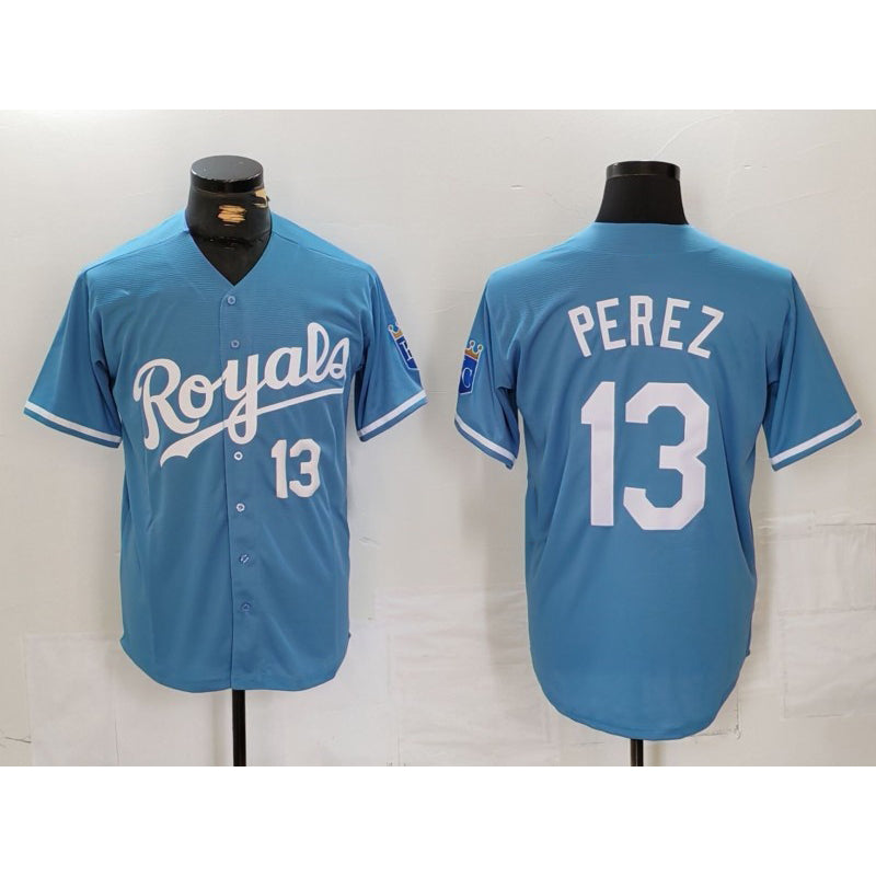 Kansas City Royals #13 Salvador Perez Number Light Blue Fotopoulosg Cool Base Stitched Jersey