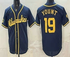 Milwaukee Brewers #19 Robin Yount Navy Blue Fotopoulosg Stitched Cool Base Jersey