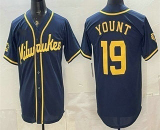 Milwaukee Brewers #19 Robin Yount Navy Blue Fotopoulosg Stitched Cool Base Jersey