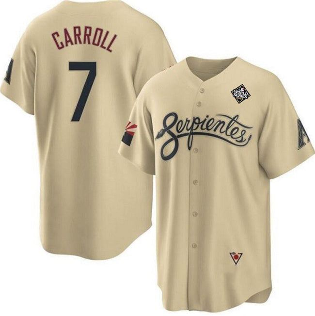 Arizona Diamondbacks #7 Corbin Carroll Gold Fotopoulosg 2023 World Series City Connect Cool Base Stitched Jersey