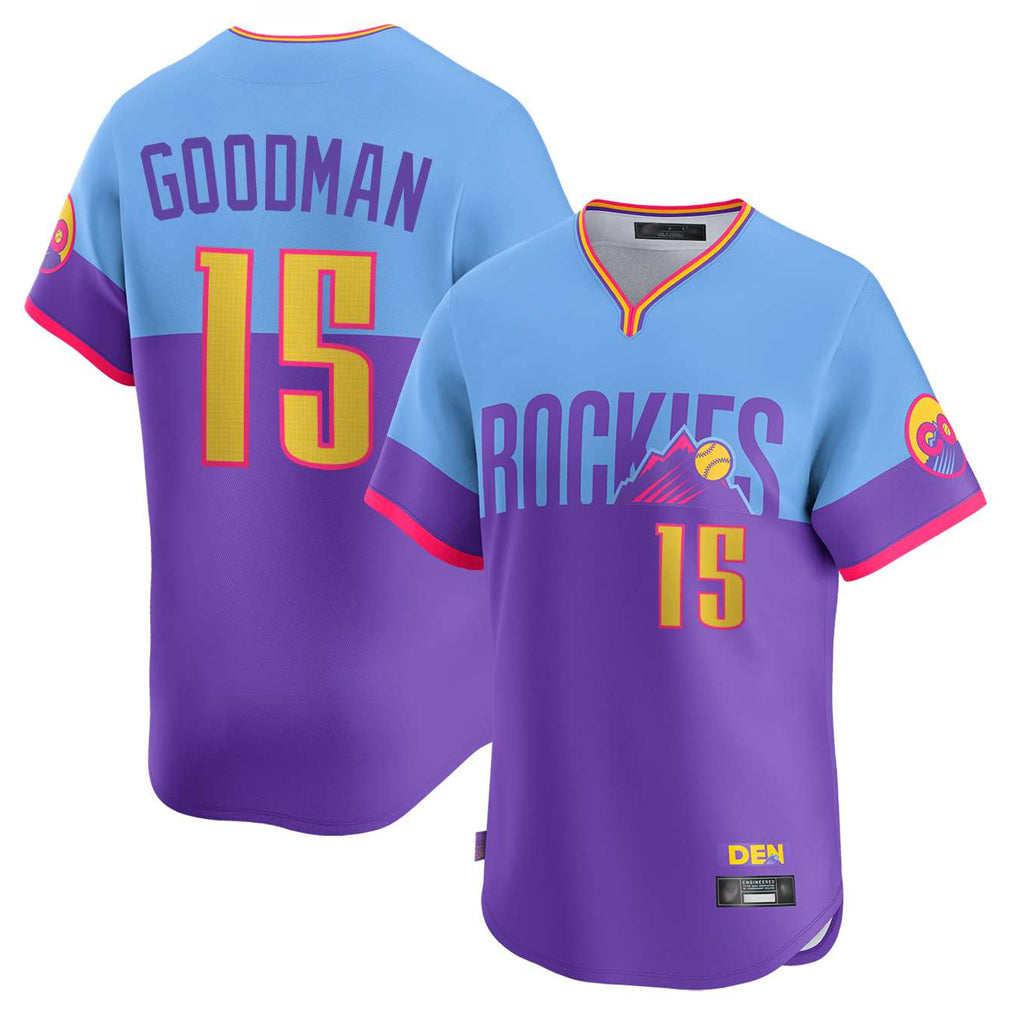 Colorado Rockies #15 Hunter Goodman Player Purple-Light Blue Fotopoulosg City Connect Limited Home T-shirt Stitched Jerseys