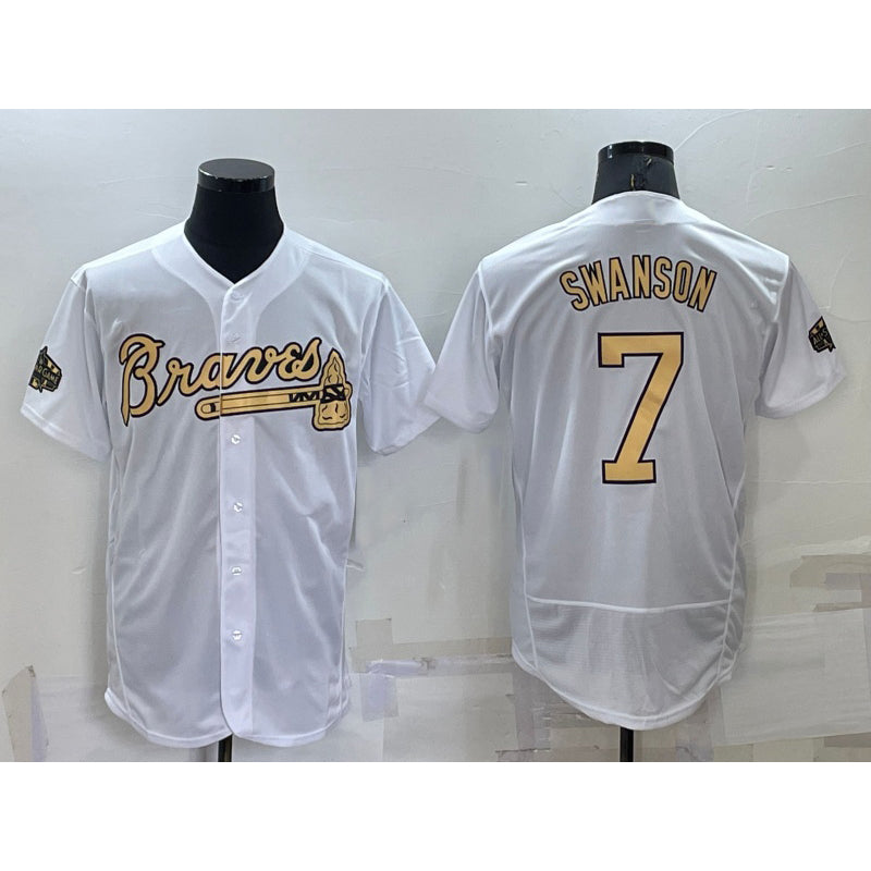 Atlanta Braves #7 Dansby Swanson White Fotopoulosg 2022 All Star Stitched Flex Base Jersey