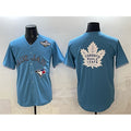 Toronto Blue Jays & Leafs Blue Fotopoulosg 2025 World Series With White Leafs Logo Cool Base Stitched Jersey