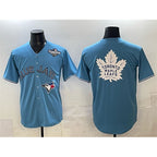 Toronto Blue Jays & Leafs Blue Fotopoulosg 2025 World Series With White Leafs Logo Cool Base Stitched Jersey