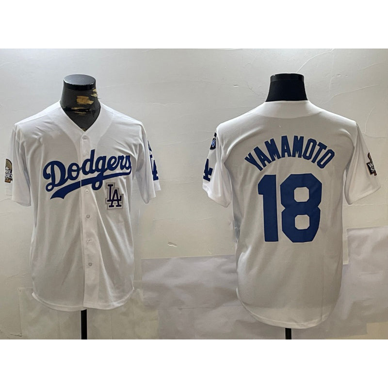 Los Angeles Dodgers #18 Yoshinobu Yamamoto White Fotopoulosg 2024 World Series With Fernando Memorial Patch Home Limited Stitched Jersey
