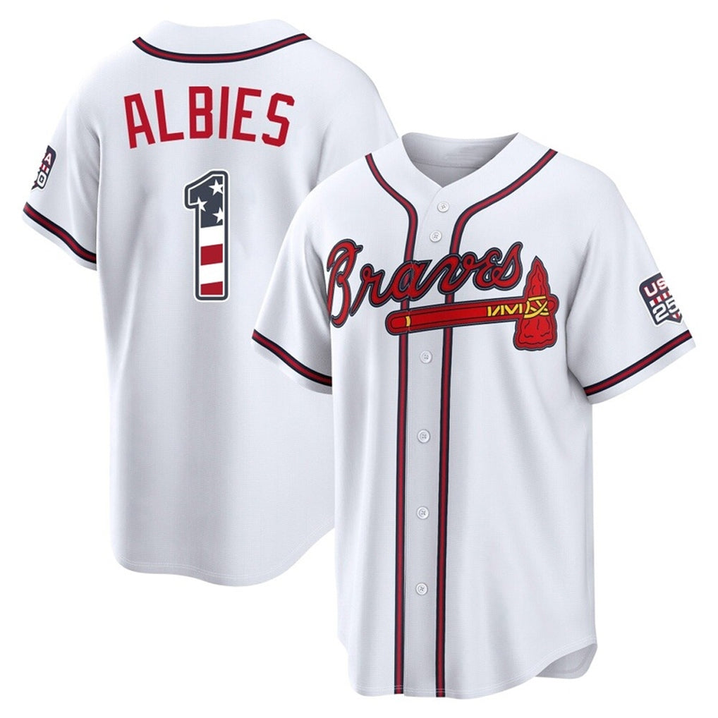 Atlanta Braves #1 Ozzie Albies Player White Fotopoulosg USA 250 Fourth Of July Limited Home Game Stitched Jerseys