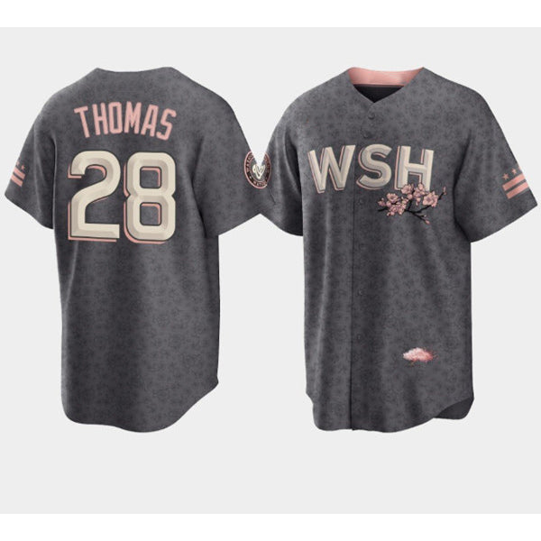 Washington Nationals #28 Lane Thomas 2022 Grey Fotopoulosg City Connect Cherry Blossom Cool Base Stitched Jersey