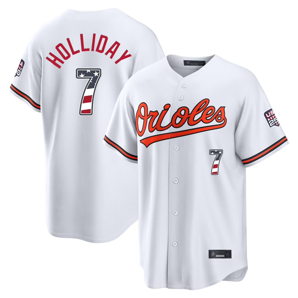 Baltimore Orioles #7 Jackson Holliday Player White Fotopoulosg USA 250 Fourth of July Home Game Stitched Jerseys