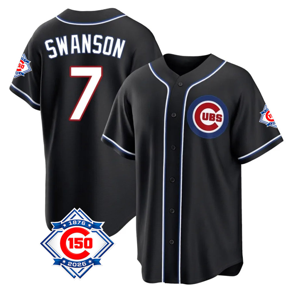 Chicago Cubs #7 Dansby Swanson Player Black Fotopoulosg Fashion Out 150th Anniversary Game Stitched Jerseys