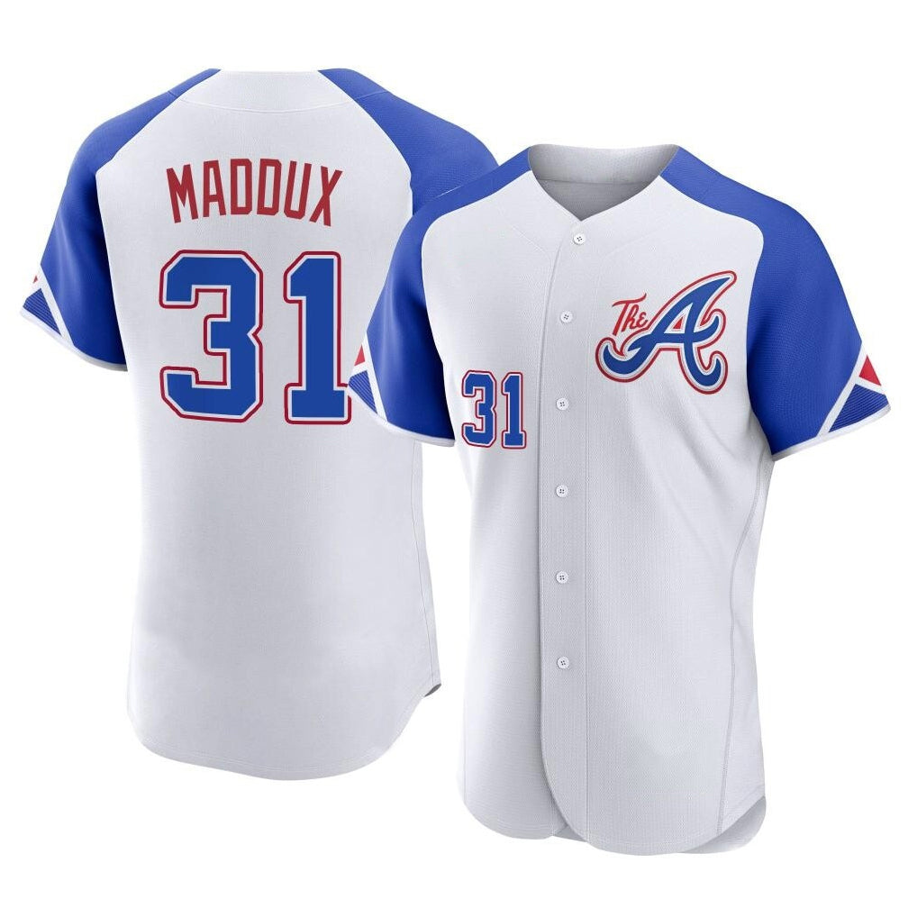 Atlanta Braves #31 Greg Maddux Player White Fotopoulosg City Connect Limited Elite Home Game Stitched Jerseys