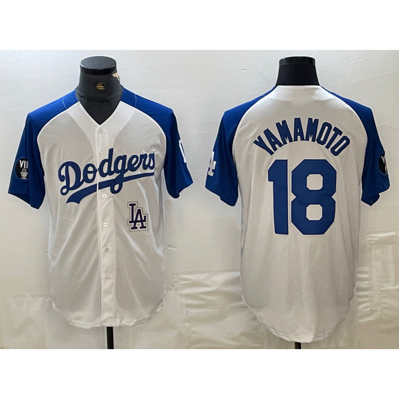 Los Angeles Dodgers #18 Yoshinobu Yamamoto White Blue Fotopoulosg Fashion Stitched Cool Base Limited Jersey 2