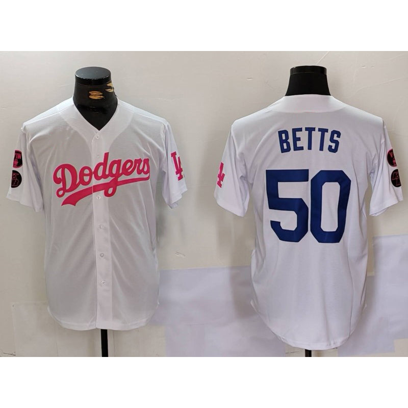 Los Angeles Dodgers #50 Mookie Betts White Pink Fotopoulosg Vin & Kobe Patch Stitched Jersey1