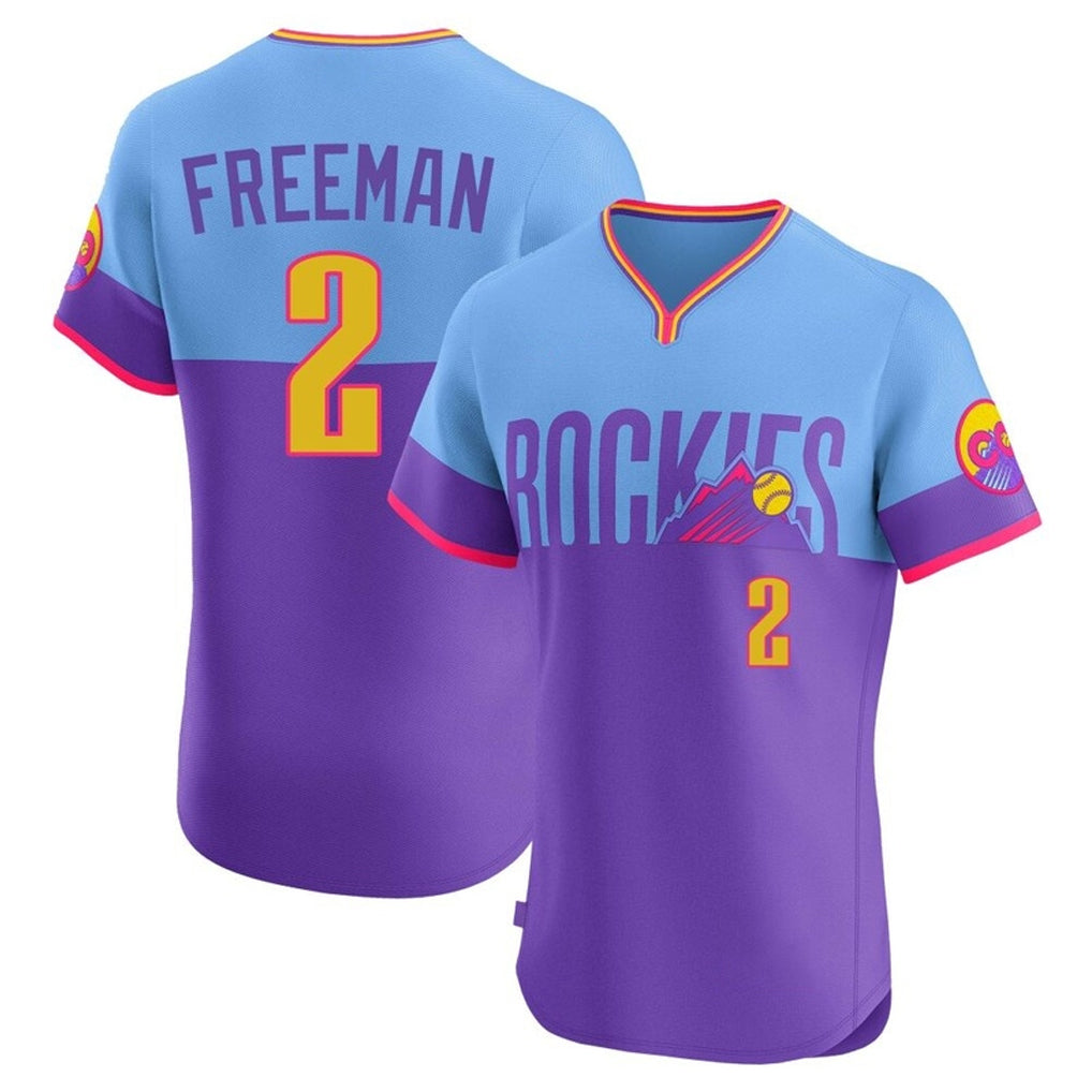 Colorado Rockies #2 Tyler Freeman Player Purple-Light Blue Fotopoulosg City Connect Limited Elite Home T-shirt Stitched Jerseys
