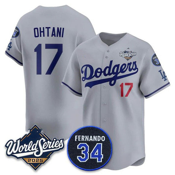 Los Angeles Dodgers #17 Shohei Ohtani Gray Fotopoulosg 2025 World Series With No. 34 Patch Limited Stitched Jersey