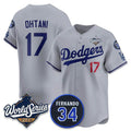 Los Angeles Dodgers #17 Shohei Ohtani Gray Fotopoulosg 2025 World Series With No. 34 Patch Limited Stitched Jersey