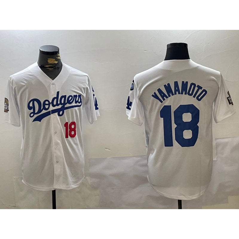 Los Angeles Dodgers #18 Yoshinobu Yamamoto White Fotopoulosg 2024 World Series With Fernando Memorial Patch Home Limited Stitched Jerseys