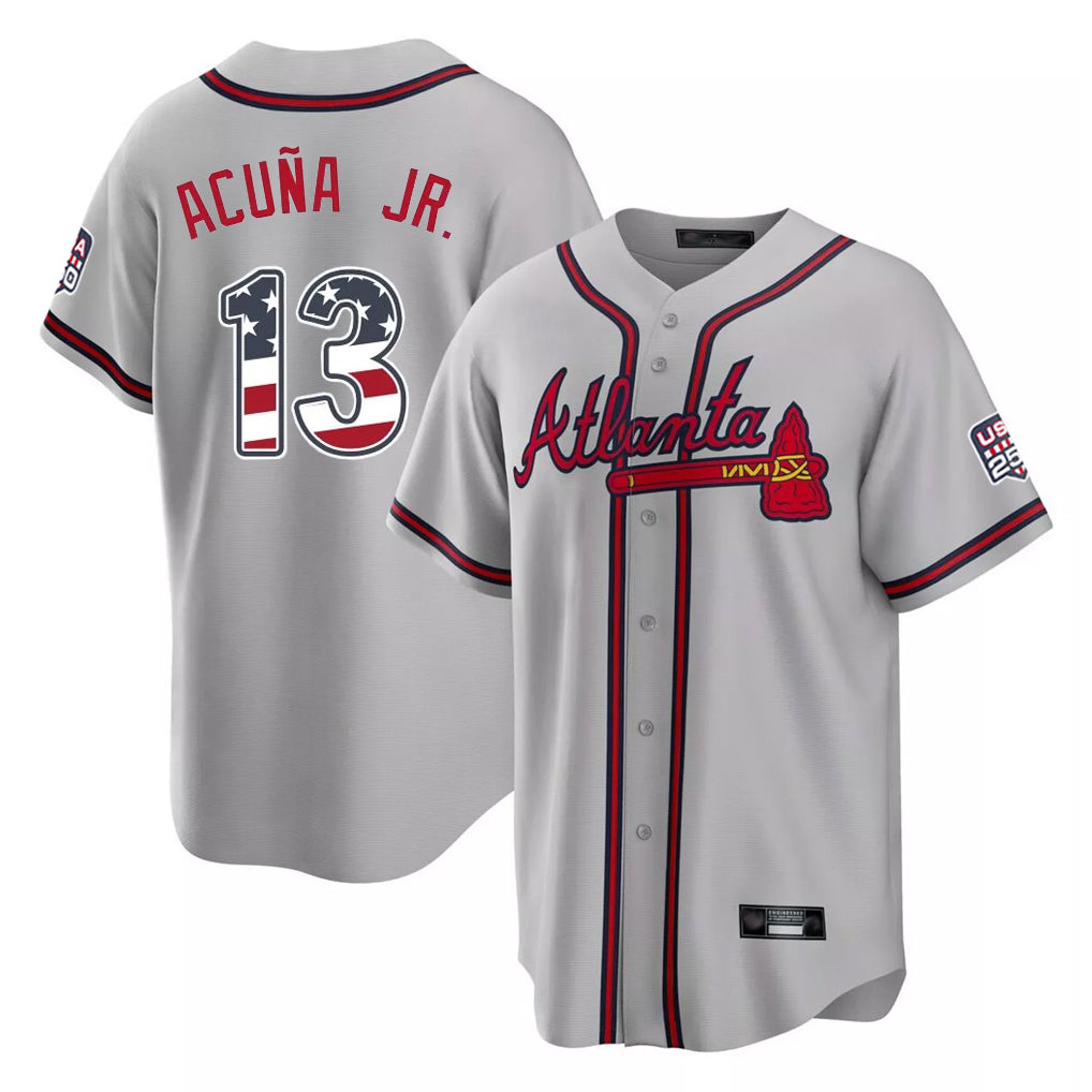 Atlanta Braves #13 Ronald Acuna Jr Player Gray Fotopoulosg USA 250 Fourth Of July Limited Home Game Stitched Jerseys
