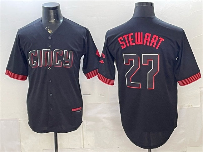 Cincinnati Reds #27 Sal Stewart Black Fotopoulosg City Connect Cool Base Stitched Jersey