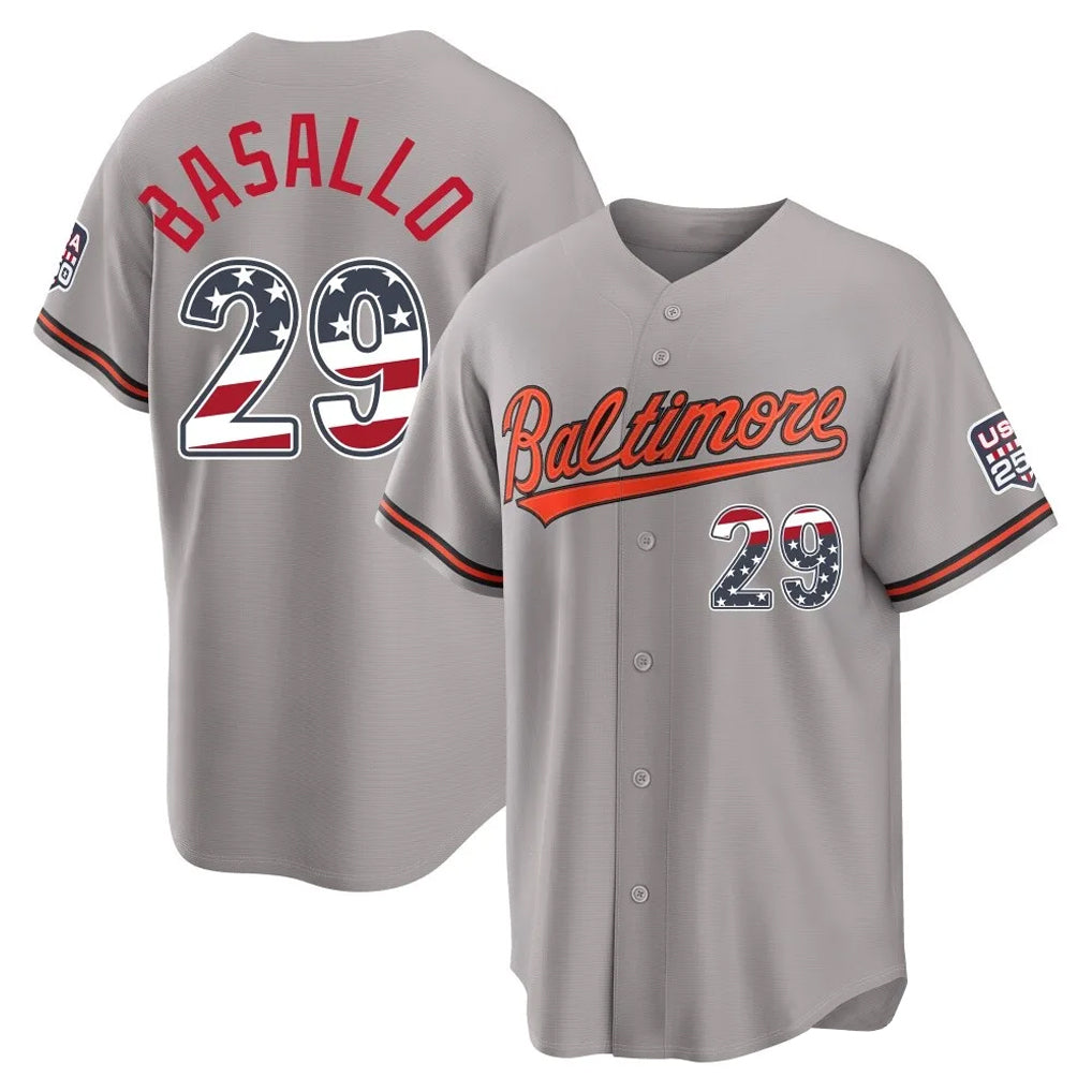 Baltimore Orioles #29 Samuel Basallo Player Gray Fotopoulosg USA 250 Fourth of July Home Game Stitched Jerseys