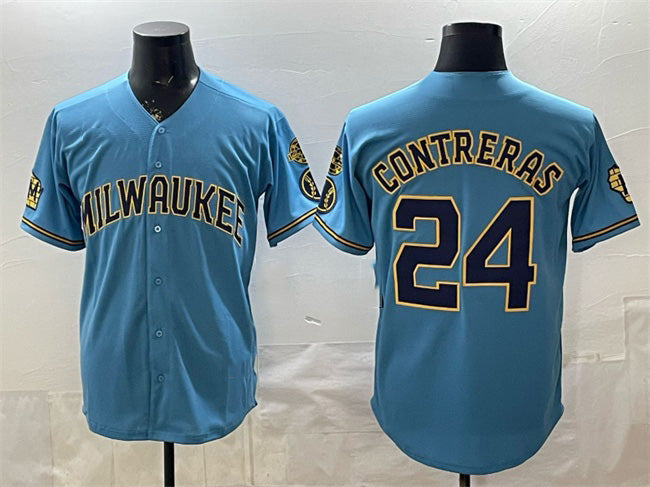Milwaukee Brewers #24 William Contreras Blue Fotopoulosg With Home & Bob Uecker Patch Stitched Jersey