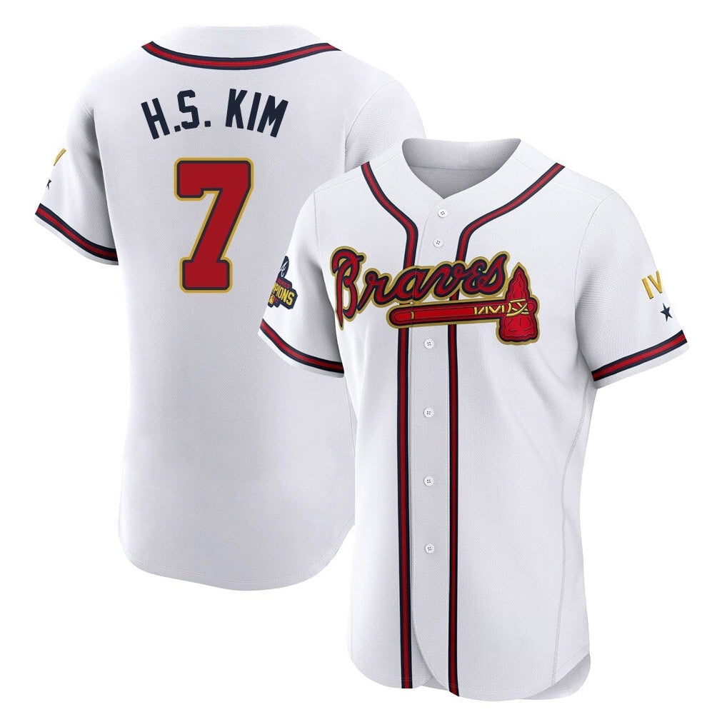 Atlanta Braves #7 Ha-Seong Kim Player White Gold Fotopoulosg Limited Elite Home Game Stitched Jerseys