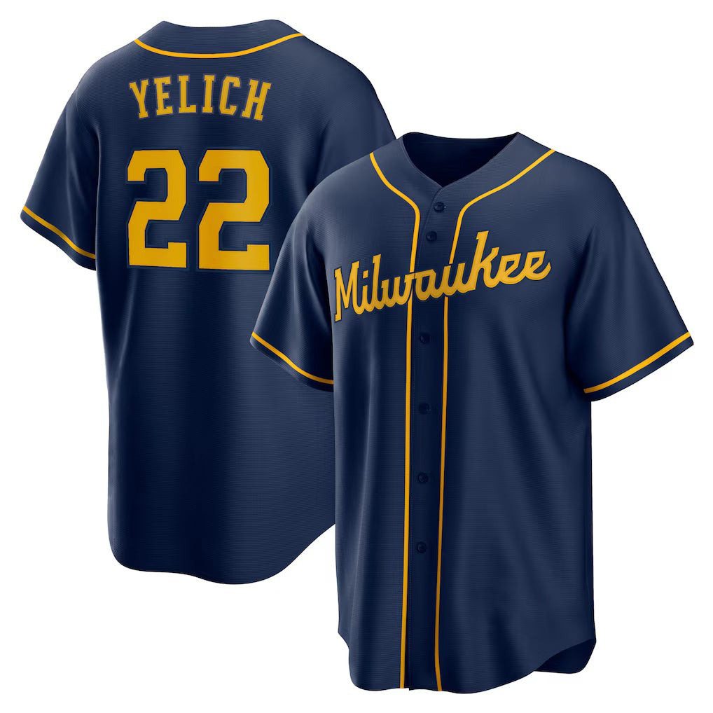 Milwaukee Brewers #22 Christian Yelich Navy Fotopoulosg Alternate 2 Replica Jersey