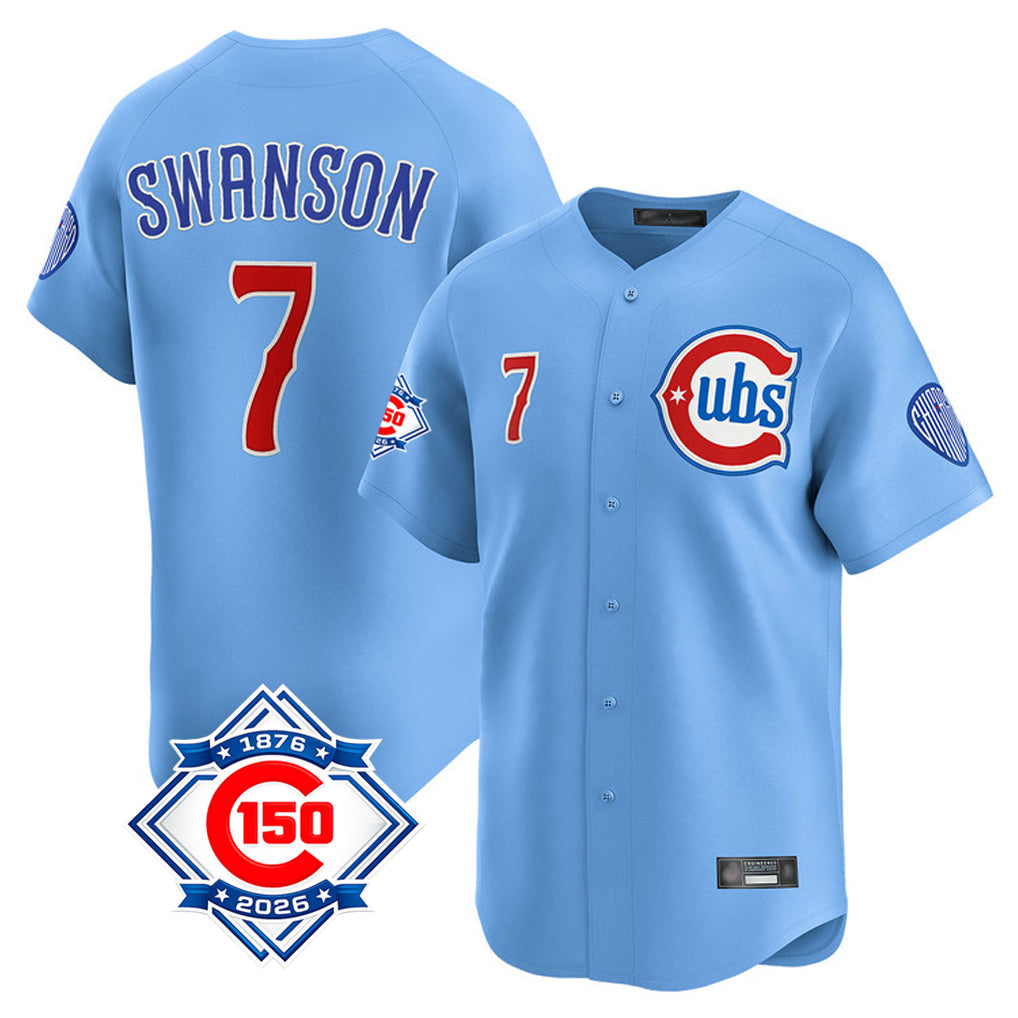Chicago Cubs #7 Dansby Swanson Player Light Blue Fotopoulosg 150th Anniversary Limited Home Stitched Jerseys