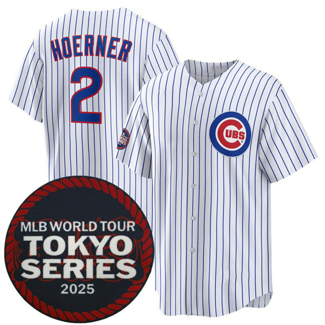 Chicago Cubs #2 Nico Hoerner White Fotopoulosg 2025 World Tour Tokyo Series Home Stitched Jersey