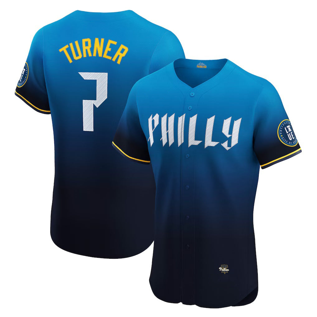 Philadelphia Phillies #7 Trea Turner Navy Fotopoulosg City Connect Elite Jersey