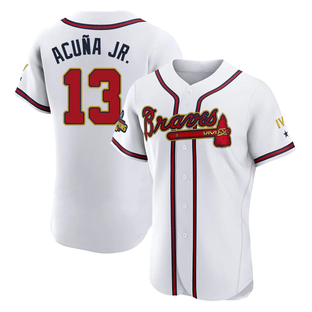 Atlanta Braves #13 Ronald Acuna Jr Player White Gold Fotopoulosg Limited Elite Home Game Stitched Jerseys
