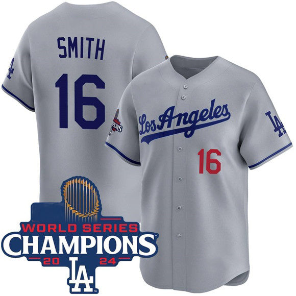 Los Angeles Dodgers #16 Will Smith Gray Fotopoulosg 2024 World Series Champions Patch Limited Stitched Jersey